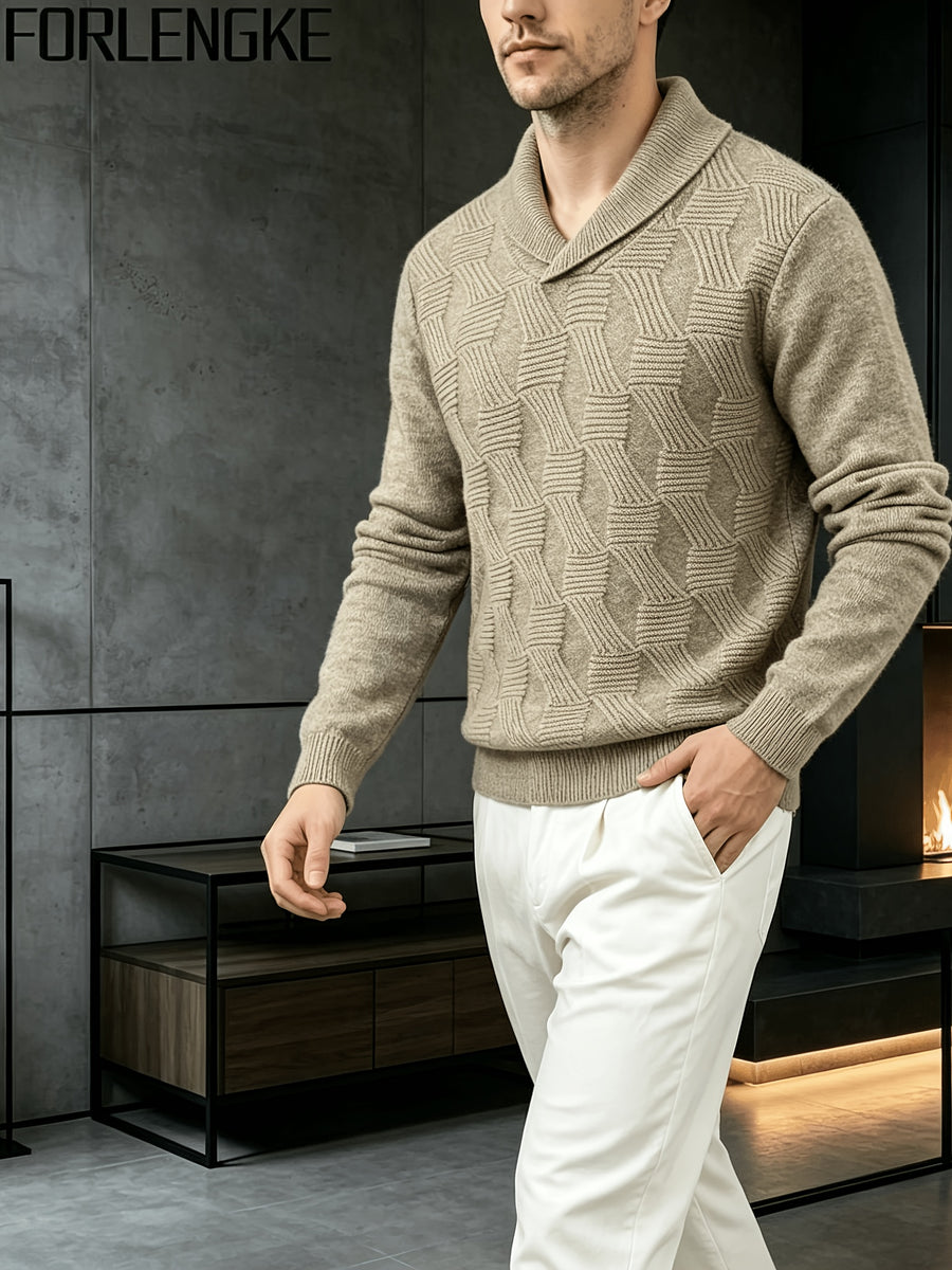 FORLENGKE Autumn And Winter Men'S Stylish Crew-Neck Knit Sweater with Full Checkered Texture, Jacquard Long-Sleeve Sweater, Comfortable Knit Top for Autumn And Winter, Casual Outings, Shopping, And Party Atmosphere Men'S Pullover Knit - Khaki