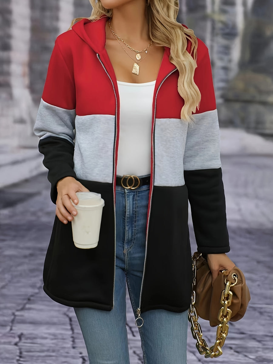 Women's Elegant Contrast Color Fleece Thickened Hooded Cardigan - Full Zip Hooded Jacket Full-Length Zip Closure, Pink/Gray/Black - Contrast Color Design, Machine Washable Autumn Winter Sweater, Soft Texture, Warm Outerwear for Autumn Winter, Office - Red