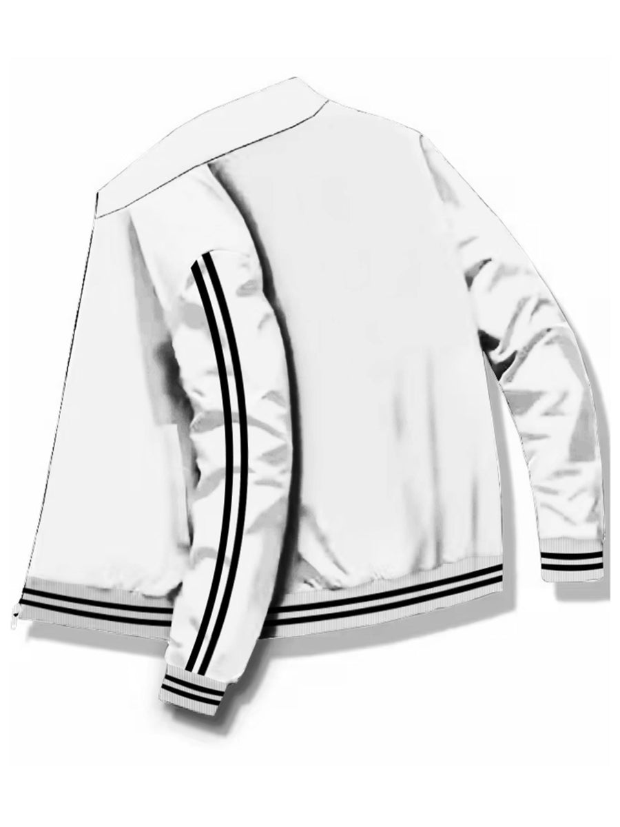 Men's Spring/Autumn Stand Collar Baseball Jacket with "BLACK" Lettering and Diamond Pattern Print, Zipper Front with Contrast Stripes, Lightweight Casual Windproof Sports Jacket - White
