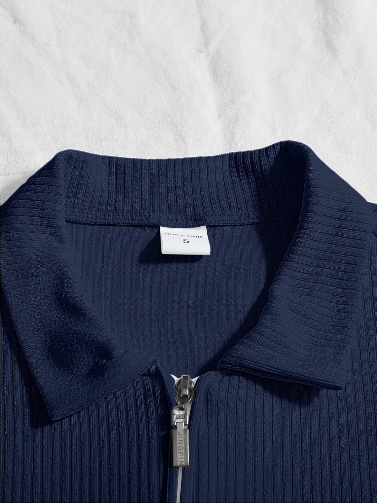 Autumn Men'S Ribbed Long Sleeve Polo Shirt Print Half-Zip Stand Collar Slim Fit Breathable T-Shirt - Navy Color