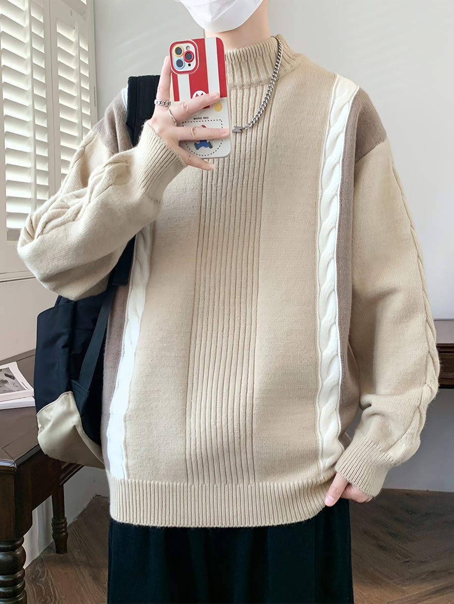 Young Men'S Semi High Neck Multi-Color Spliced Knit Sweater, Autumn And Winter New Warm Sweater, Fashionable And Casual Versatile - Khaki