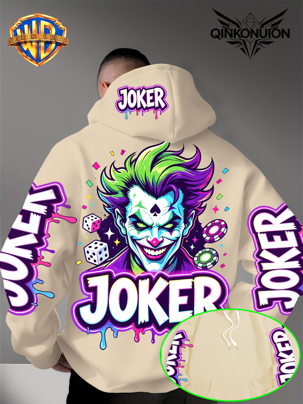 Warner Official Men'S Hoodie, Neon Clown Avatar Chess And Card Graffiti Trendy Print Design, Machine Washable, Warm And Casual for Autumn And Winter, Daily Drawstring Hoodie, Multi-Functional Sports And Leisure Loose Version - Apricot