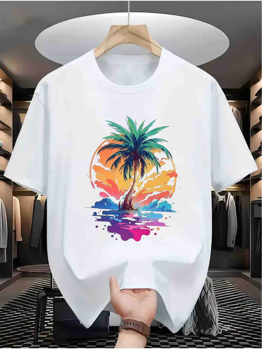 Men'S Vacation Style Palm Tree Print Short Sleeve T-Shirt New Summer Casual Breathable Crew Neck Top Suitable for Daily Outings Beach Wear Plus Size Comfortable Half Sleeve Male Tee - White