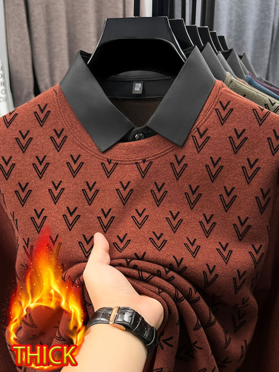 Thickened Men'S Shirt Collar Fake Two-Piece Sweater, Shirt Collar Fake Two-Piece Pullover, Long Sleeve, Ribbed Cuffs And Hem, Fall/Winter Outerwear And Inner Wear - SINBOS, Knit - Maple Red