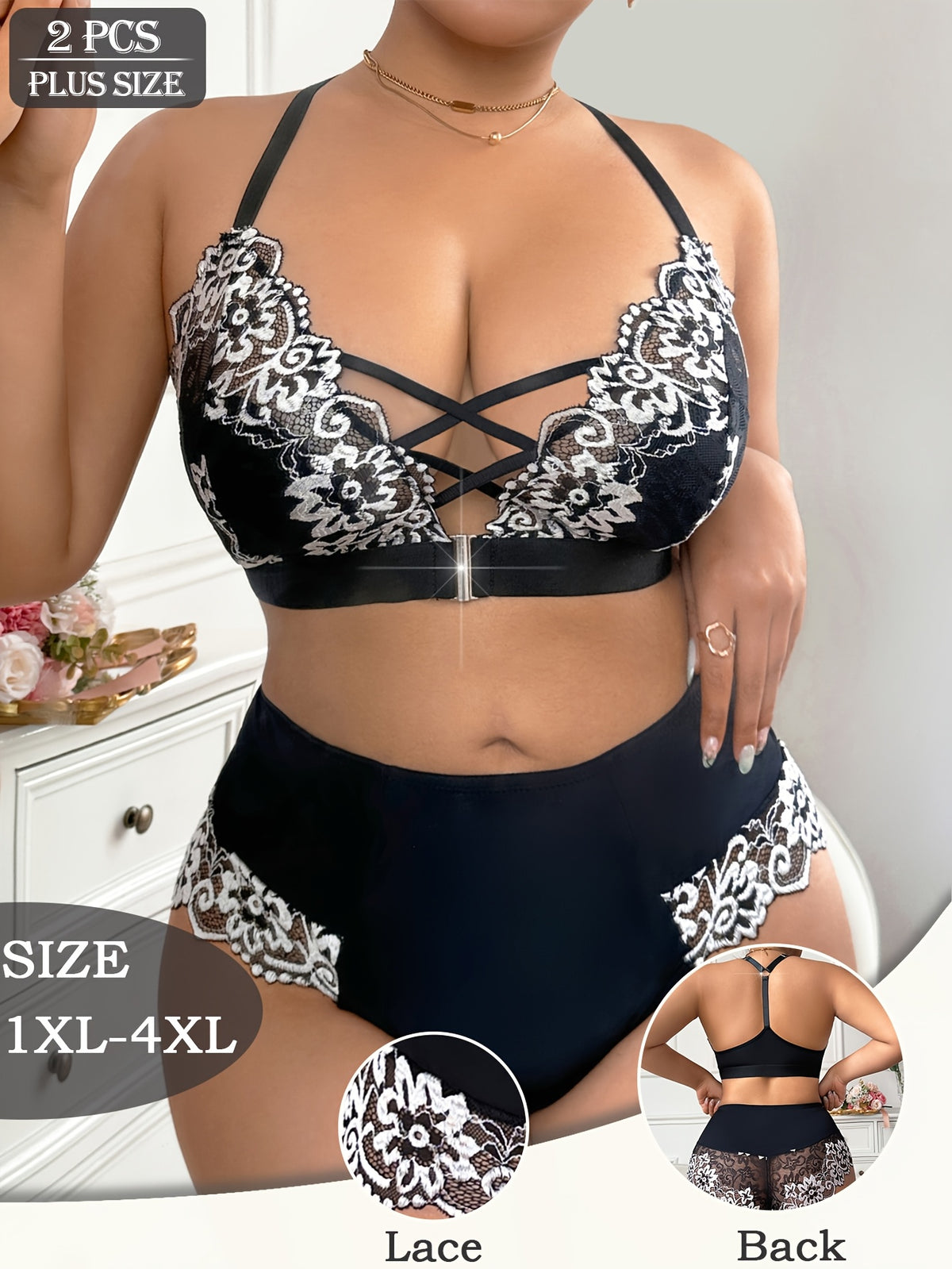 Set of 2 Plus-Size Lace Lingerie - Sexy And Comfortable Wireless Bra And Panties, Featuring Breathable Floral Print Lace Design, Perfect for Everyday Wear in Spring And Summer - Black