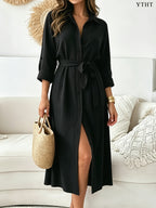 Women's Elegant Button- Shirt Dress with Collar & Split Front - Self-Tie Waist Belt, Loose Midi Length Dress Suitable for Vacation, Beach, Daily Wear, Bohemian Outfit, Machine Washable Fall/Winter Pencil Dress - Black