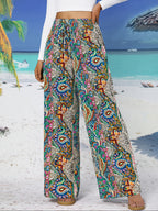 Ethnic Style Pattern Shirred Wide Leg Pants - Mixed colors