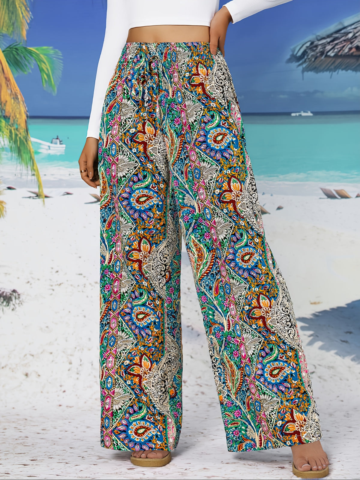 Ethnic Style Pattern Shirred Wide Leg Pants - Mixed colors