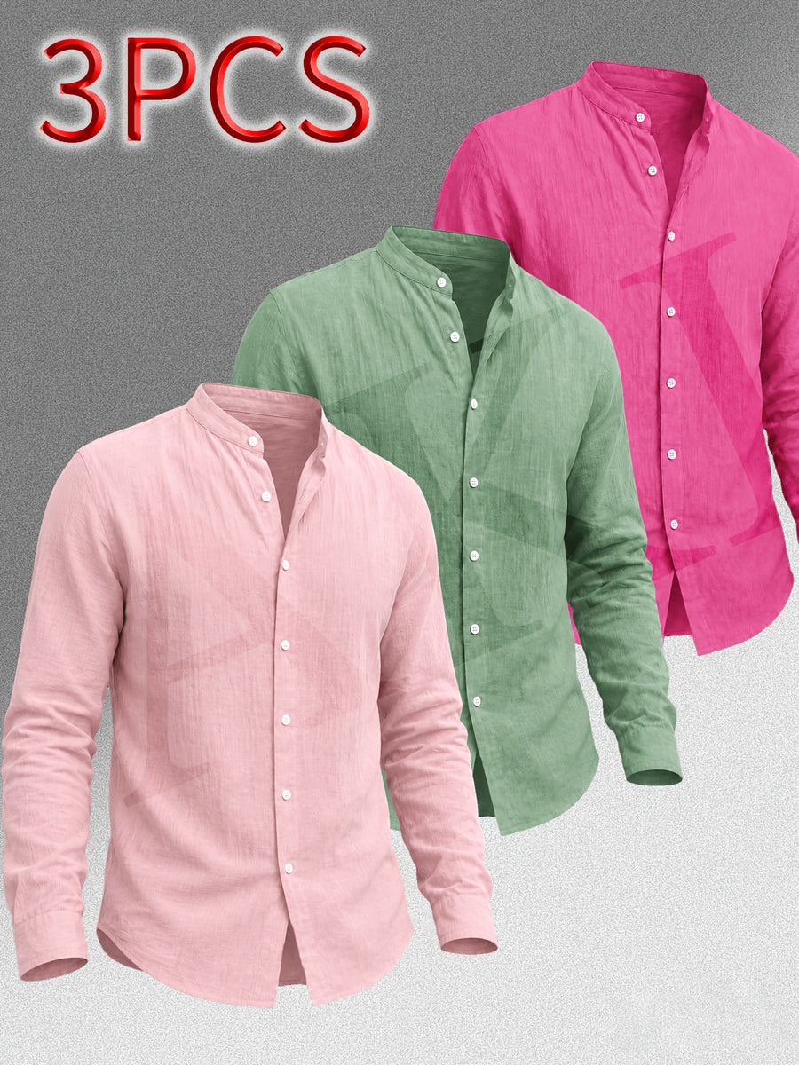 [Know And Give OBM] Men'S Clothing New Stand-Up Collar Solid Linen-Like Long Sleeve Shirt 3pcs Set, Minimalist Design, Spring Autumn Winter High-Quality Men'S Long Sleeve Button-Up Shirt - Suitable for Outdoor Leisure Vacation Formal Wear - Pink+Green+Rose Red