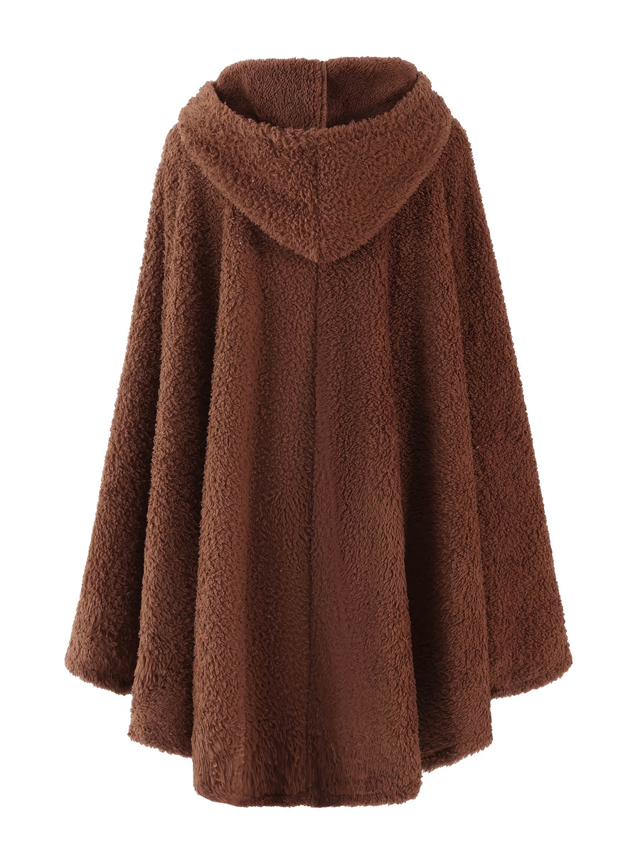 Plus Size - 1pc Faux Horn Button Size Free Solid Color Fashion Hooded Cape - Dark Brown
