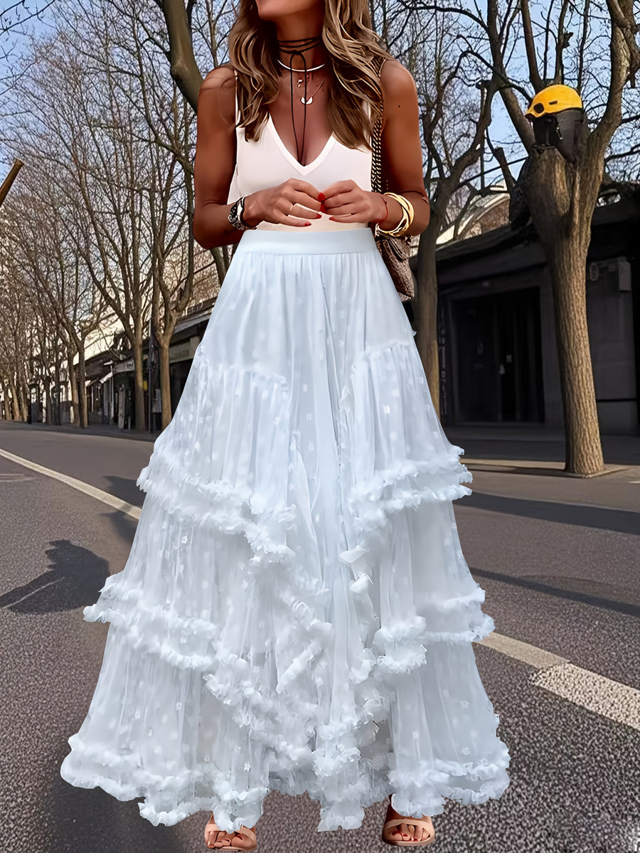 A French-Style A-Line Dress for Women, Featuring Layered Ruffles in White And a Long Length, Suitable for Casual to Formal Occasions in Spring, Summer, And Autumn. This Cute Dress Is Made of Lightweight, Breathable Fabric - White