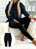 Autumn/Winter Set: Hooded Sweatshirt And Fitted Long Pants (Pattern Print Design) - Navy Blue With Black