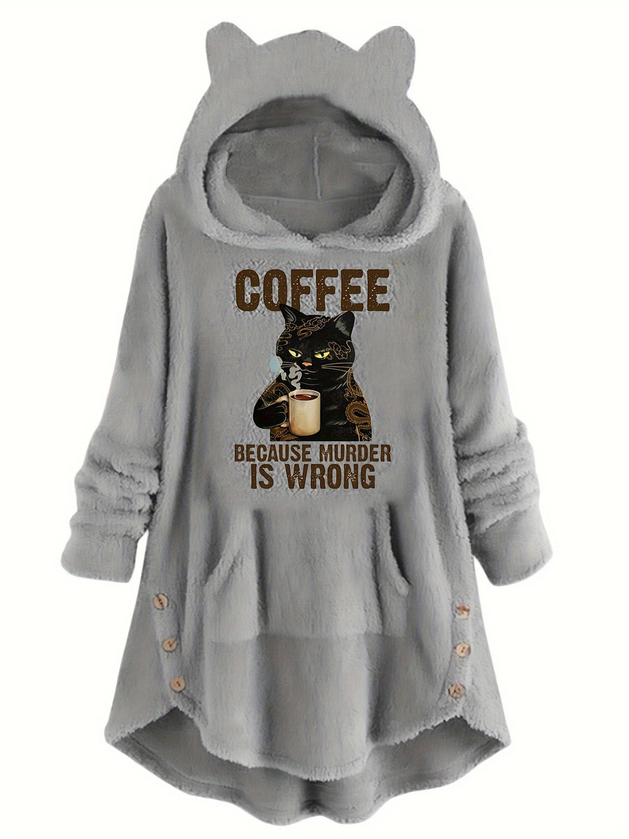 Winter Warm Plush Cartoon Cat Printed Hooded Pullover Casual Sweatshirt - Grey