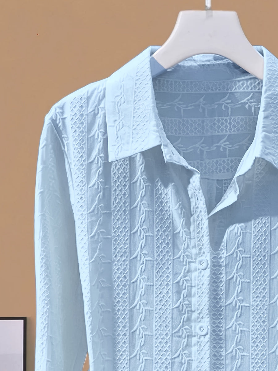 Fashionable and Versatile Polo Collar Shirt for Women, New Spring/Autumn Casual Simple Embroidered Base Layer Top - Light Blue