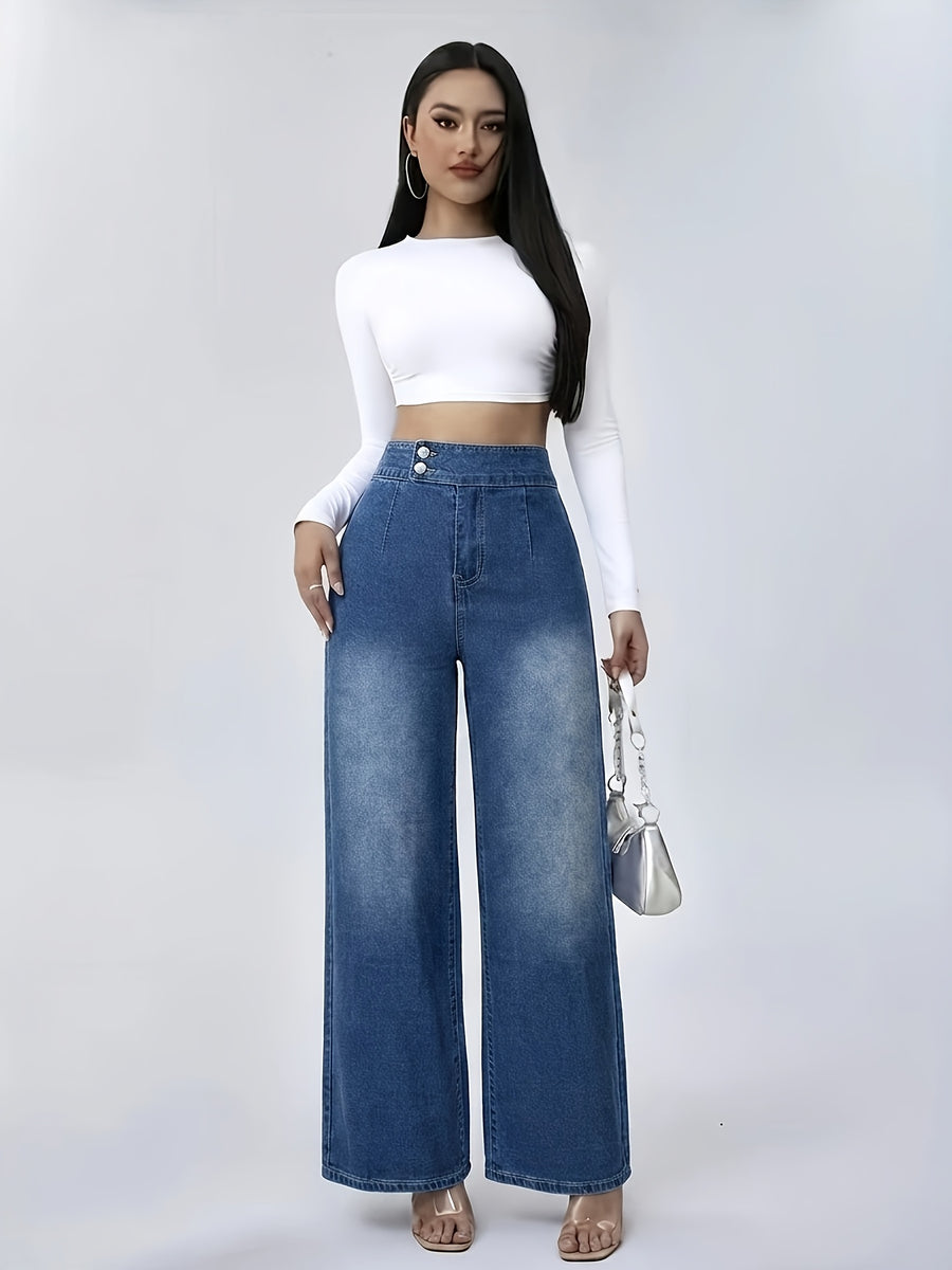 Simple and Stylish Women's Stretch Semi-elastic Waist Loose Straight-leg Trousers - Medium Blue