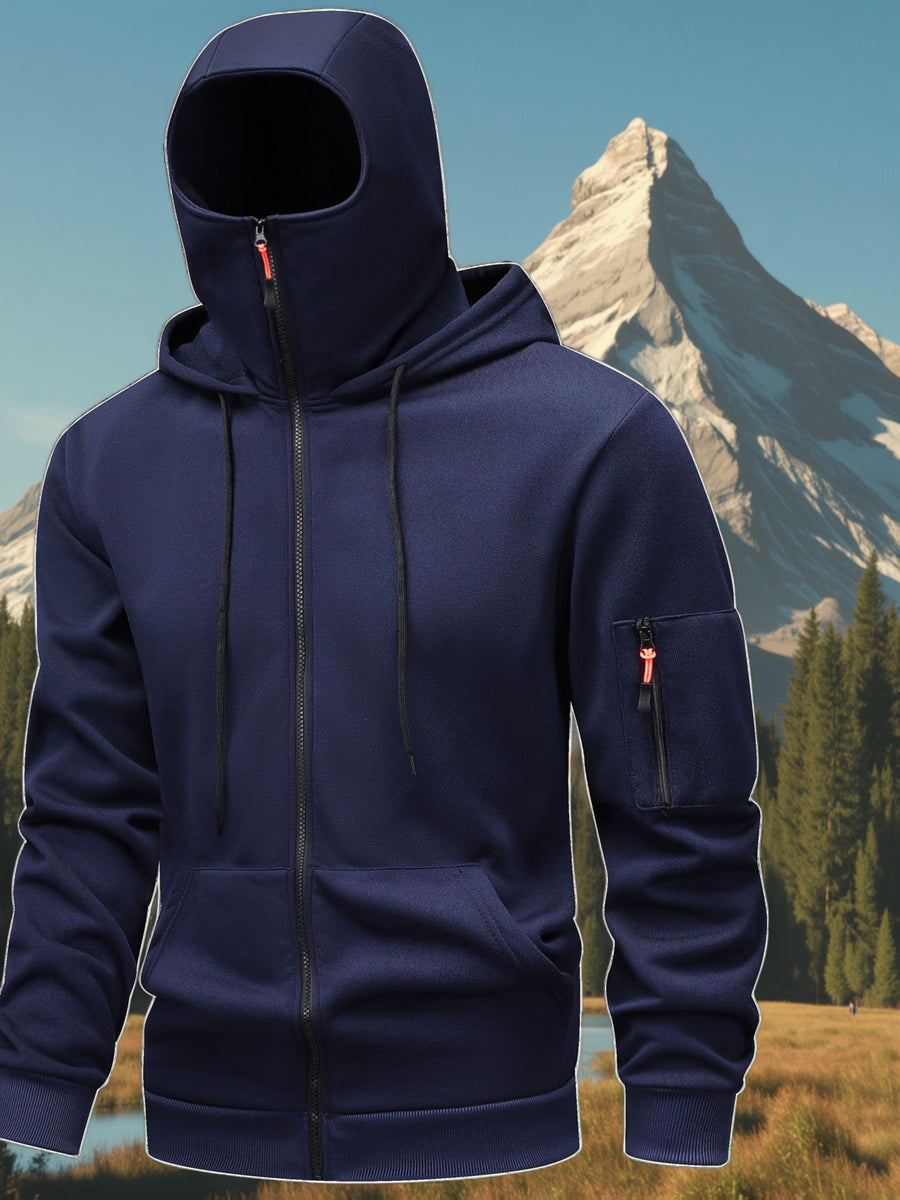 Men's New Full-Zip Protective Suit with Mask, Face Cover, and Face Protection Design. Zip-Up Hooded Protective Jacket for Cycling, Outdoor Climbing, Skiing, and Casual Wear - Navy Color