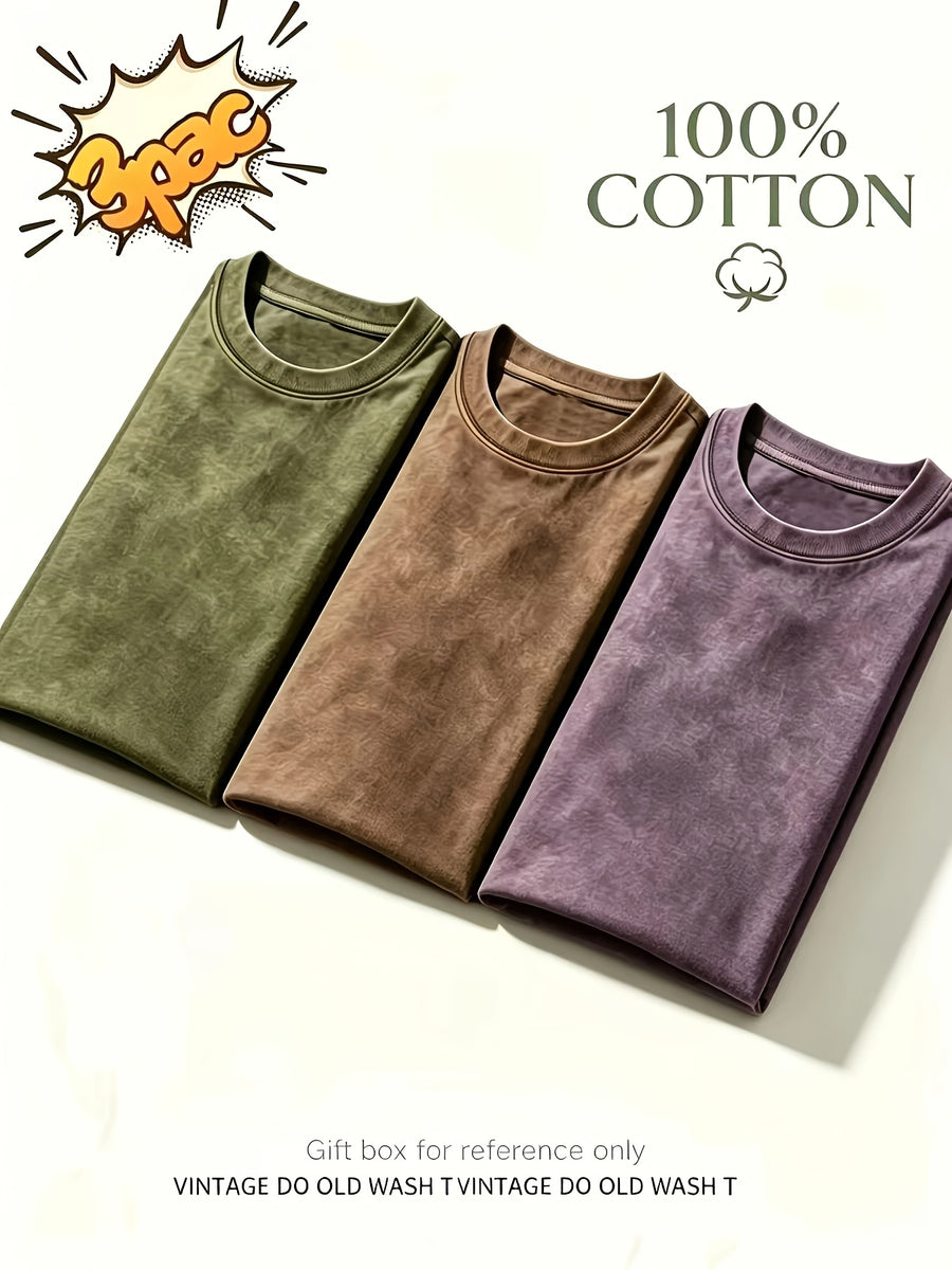 3pcs Summer Men'S Heavyweight 100% T-Shirt Set - Retro Washed Street Style Loose Round Neck Short Sleeve, Breathable All-Season Casual Tee - Combination 1