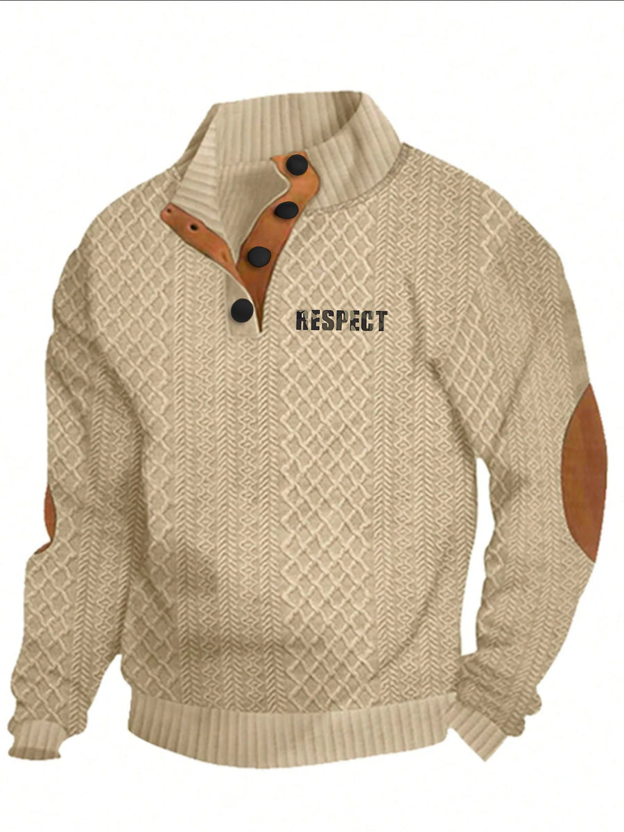 Men'S New Jacquard Top Features a Textured Classic Stand-Up Collar That Enhances The Neck Line, with a Half-Button Placket That Continues The Vintage Henley Shirt Style, Complemented by Patchwork, Making It a Fashionable Knitwear - Apricot