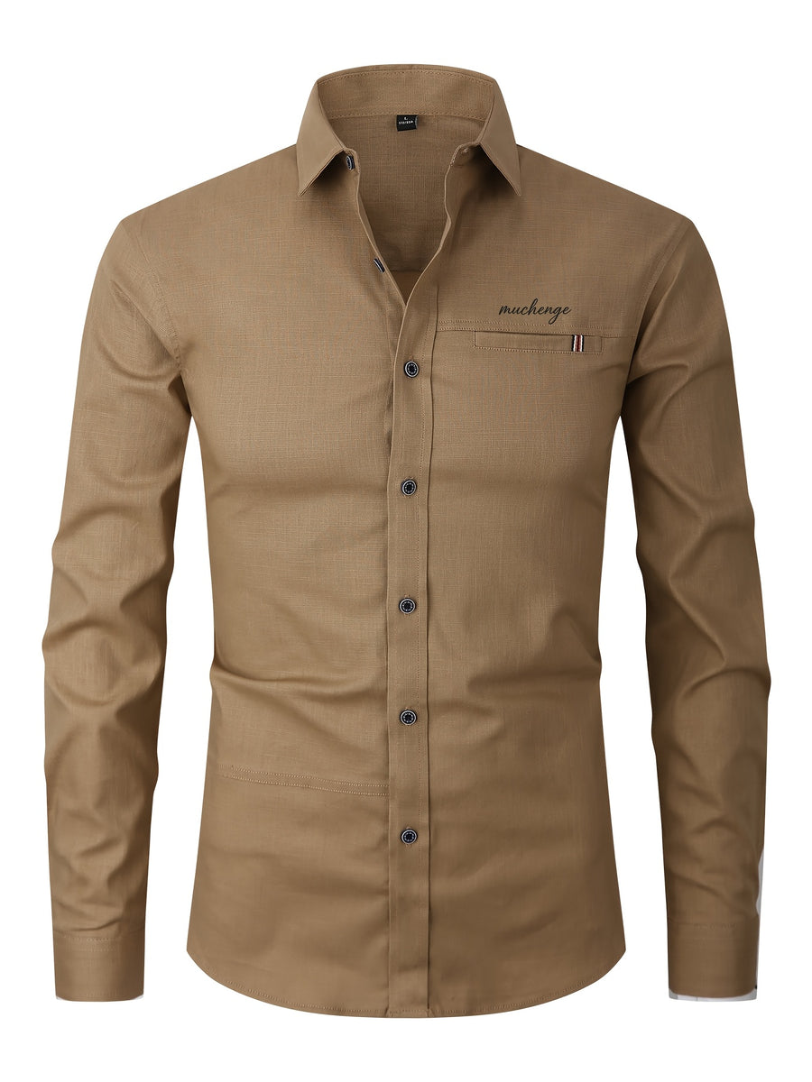 Men'S Casual Shirt, Spring/Autumn Style Linen-Like Collar Long Sleeve Versatile Solid Color Shirt, Minimalist Letter Print on Chest, Slim Fit Slimming Business Casual Top, Youth Daily Commute Versatile Men'S Clothing - Brown
