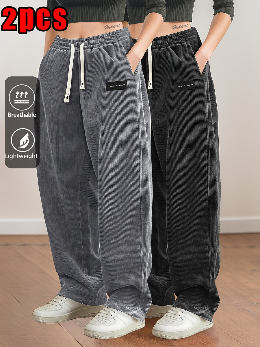 2pcs Women's Corduroy Pants, Spring/Autumn Elastic Waist with Drawstring, Back Pockets, Casual Trousers, Suitable for Casual, S, Dating, Etc. - Black+Grey