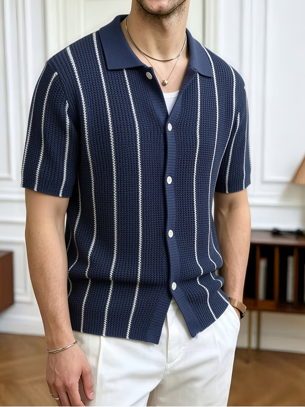 Spring Summer Men'S Short Sleeve Knit Sweater Casual Athletic Street Retro Style Vertical Stripe Pattern Lapel Button-Up Men'S Jacket Men'S Top Men'S Pullover - Deep Blue