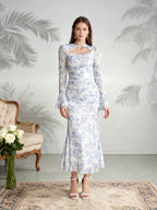 New Chinese Style Purple Floral Mesh Dress Women'S Hollow Careless Neck Pleated Waist Cinched Trumpet Sleeve Fish Tail Mid-Length Dress - White Blue
