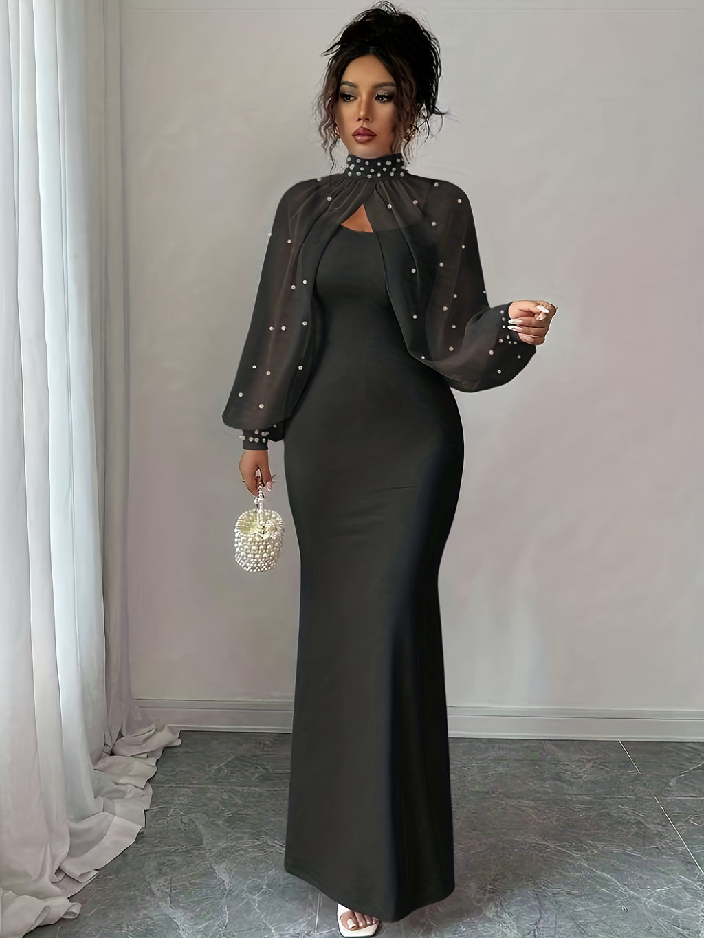 WY251221079 Elenzga New Elegant and Sophisticated Evening Gown, Dignified and Gentle, Dreamy, Hand-beaded Long-Sleeve Top, Graceful Mermaid Fit Slip Dress Set, Women's Elegant Bridesmaid Dress - Black