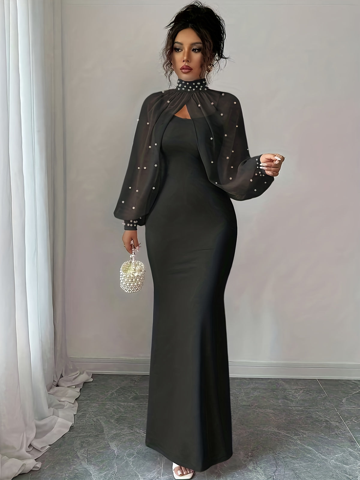 WY251221079 Elenzga New Elegant and Sophisticated Evening Gown, Dignified and Gentle, Dreamy, Hand-beaded Long-Sleeve Top, Graceful Mermaid Fit Slip Dress Set, Women's Elegant Bridesmaid Dress - Black