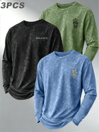 Versatile Basic 3pcs Set Distressed Long-Sleeve Men's Washed Crew Neck Daily Commute Casual Long-Sleeve Top - Black+light Blue+green