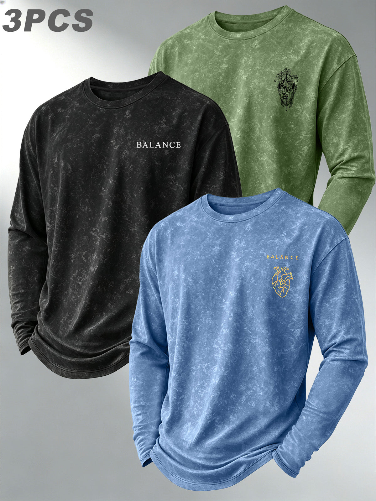 Versatile Basic 3pcs Set Distressed Long-Sleeve Men's Washed Crew Neck Daily Commute Casual Long-Sleeve Top - Black+light Blue+green