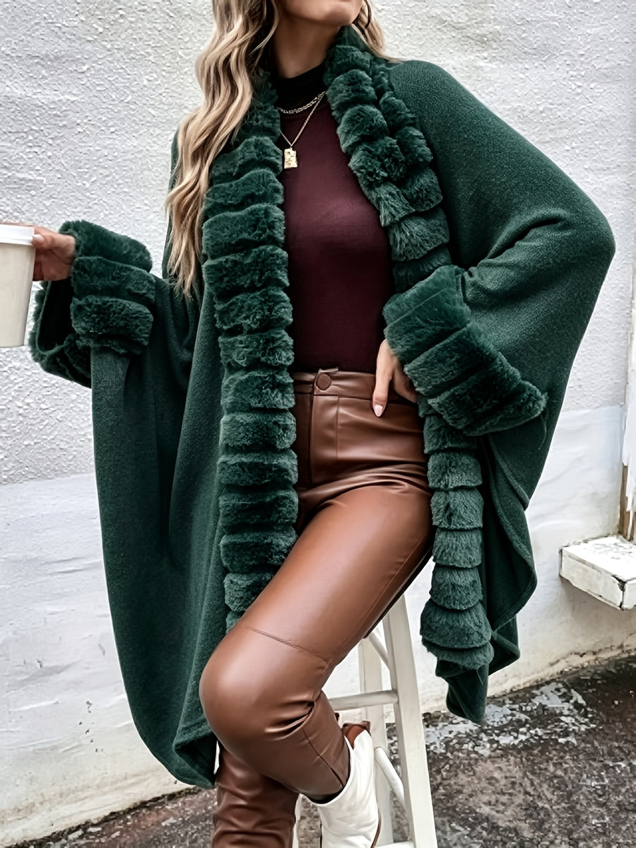 Western Autumn Winter New Mid-Length Luxurious Faux Patchwork Cardigan Sweater Tassel Shawl Cloak Coat - Green