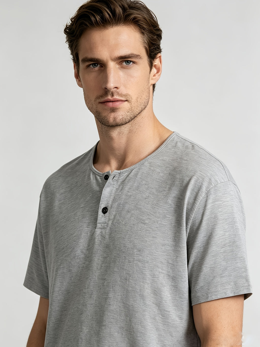 Short Sleeve T-Shirt Henley Collar Half-Open Round Neck Summer New Round Neck Solid Color Men'S Thin Top Athletic Short Sleeve Men'S Loose Plus Size Fitness Slim T-Shirt Henley Button-Up Collar Base Layer Training Trendy - Light Grey