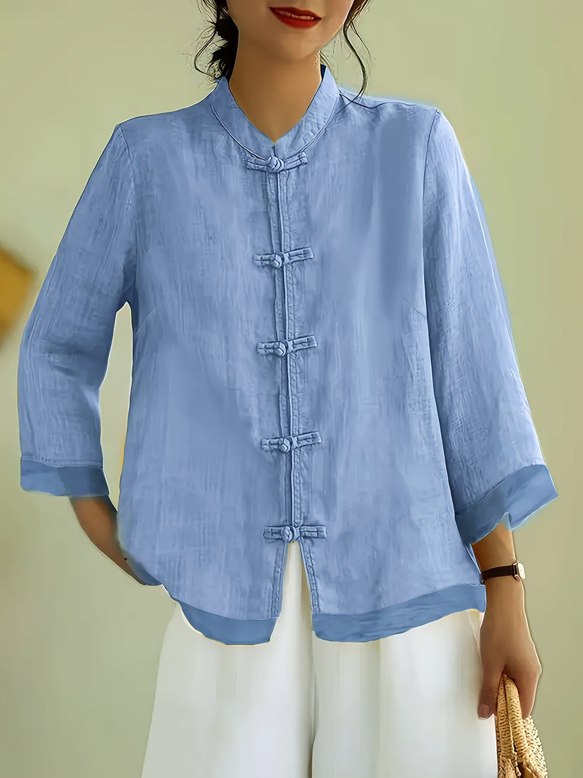 Fashionable Vintage-Style Chinese Shirt with a Stand Collar, Featuring Button Closures And Mesh Panels, Designed for a Loose And Comfortable Fit for Women - Blue