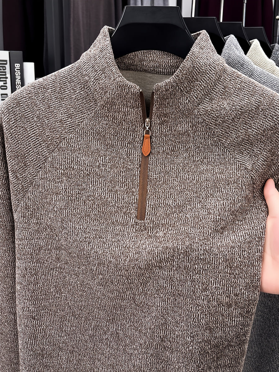1pc Du Jing Lan OBM Men's Half-Zip Sweater - Solid Color Ribbed Knit Pullover with Stand Collar, Half-Zip Front Suitable for Layering, Business Casual & Outdoor Wear, Long Sleeve for Golf, Basketball, Daily Layering ( Autumn/Winter New Arrival) - Coffee Color