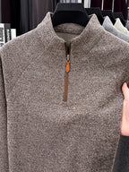 1pc Du Jing Lan OBM Men's Half-Zip Sweater - Solid Color Ribbed Knit Pullover with Stand Collar, Half-Zip Front Suitable for Layering, Business Casual & Outdoor Wear, Long Sleeve for Golf, Basketball, Daily Layering ( Autumn/Winter New Arrival) - Coffee Color
