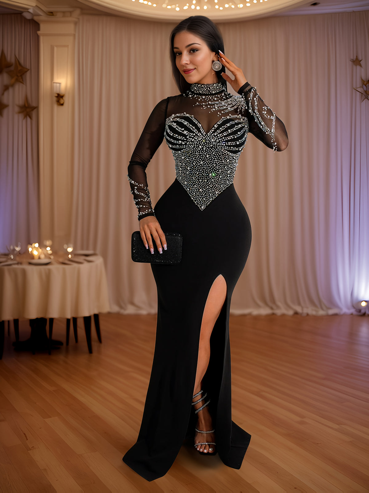 Fashion Women's Solid Color Mesh Sequin Slit Maxi Dress - Black