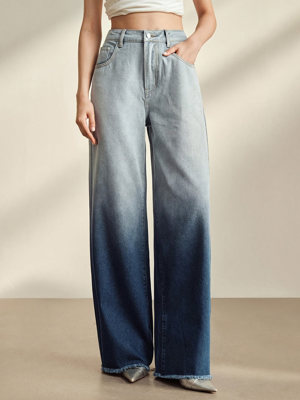 Women'S Jeans, Versatile Retro Blue Wide-Leg Pants with Ombre Effect - Blue