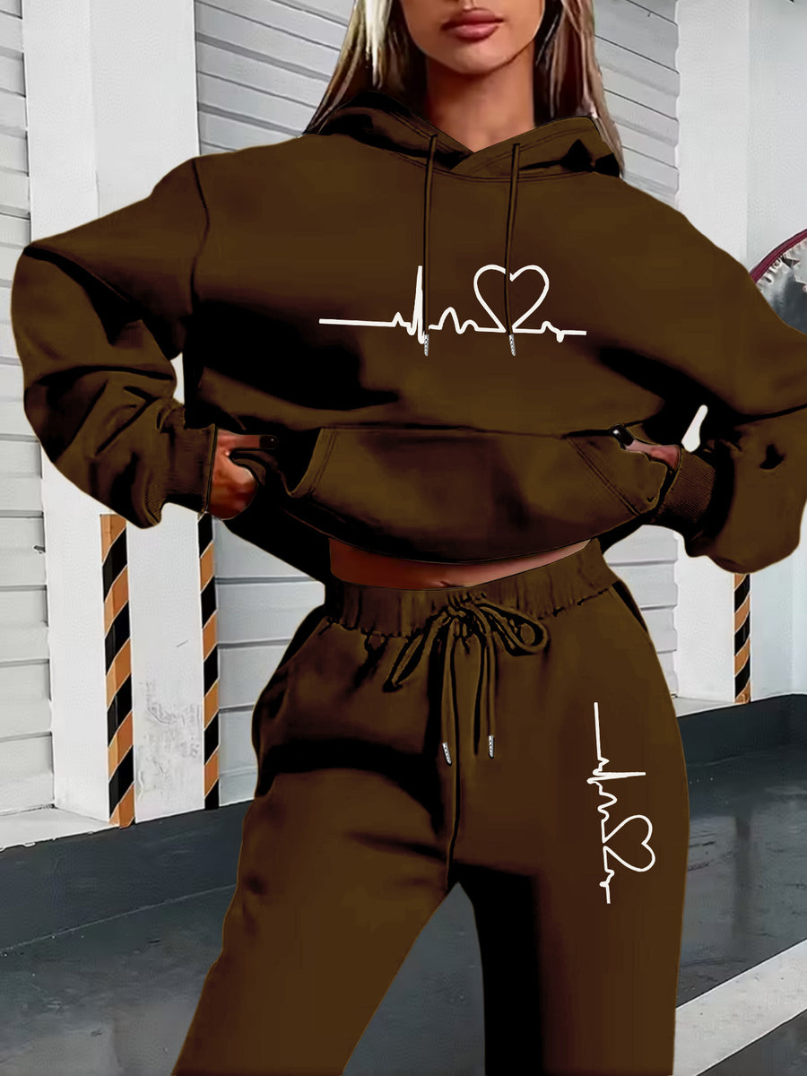 Autumn And Winter ECG Heart Pattern Printed Women'S European And American Fashion Fleece Hooded Sweatshirt Set for ' Casual Wear - Dark Coffee Color