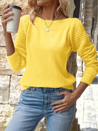 Women's Middle Eastern Style Long-Sleeve Sweater - Solid Color Crewneck Pullover, Regular Fit for Spring/Autumn Casual and Formal Wear, Elegant Series, Cute Style, Daily Comfort, Suitable for Multiple Occasions, Cut-Out Sleeve Design - Yellow
