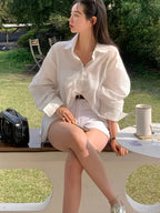 Women'S Shirt Summer New Loose Casual Versatile Single-Button Blouse Sunscreen Jacket Top - White