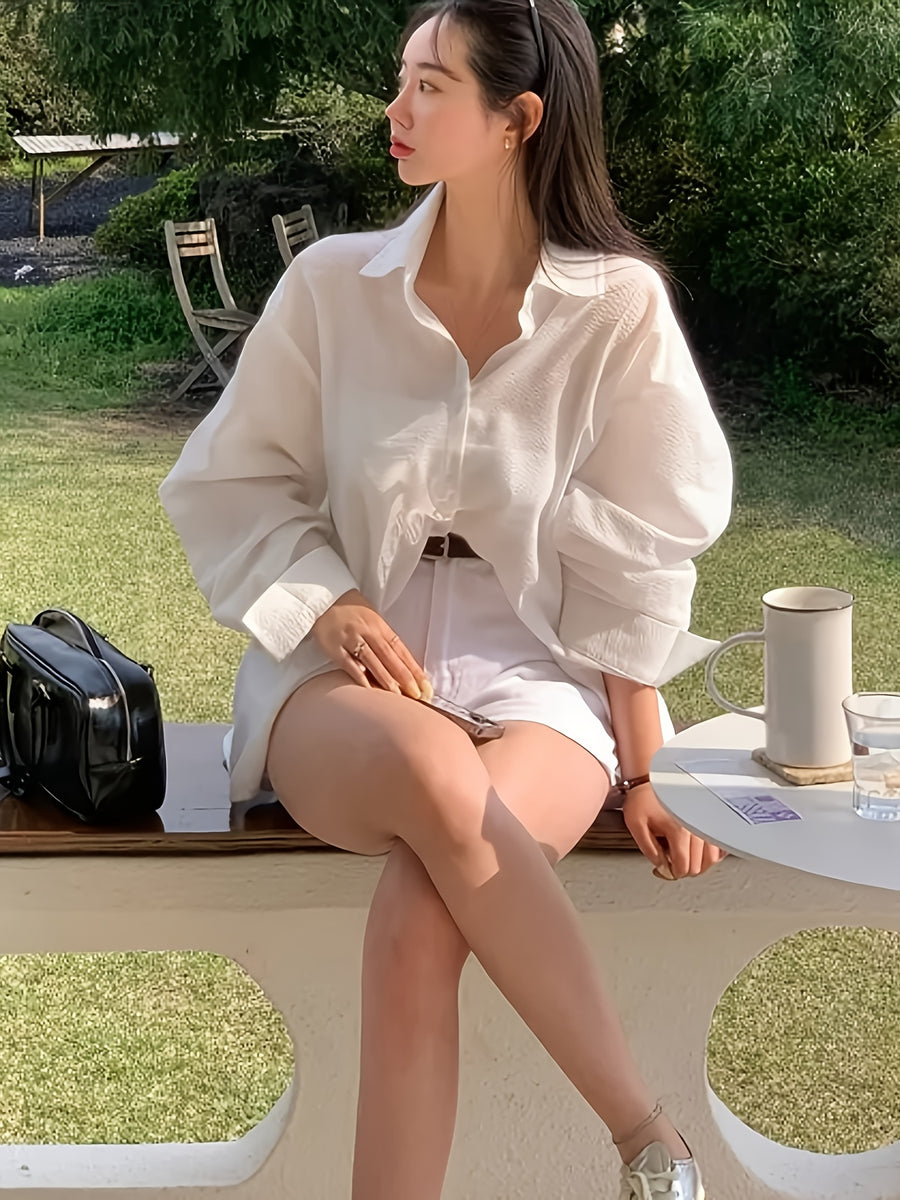 Women'S Shirt Summer New Loose Casual Versatile Single-Button Blouse Sunscreen Jacket Top - White