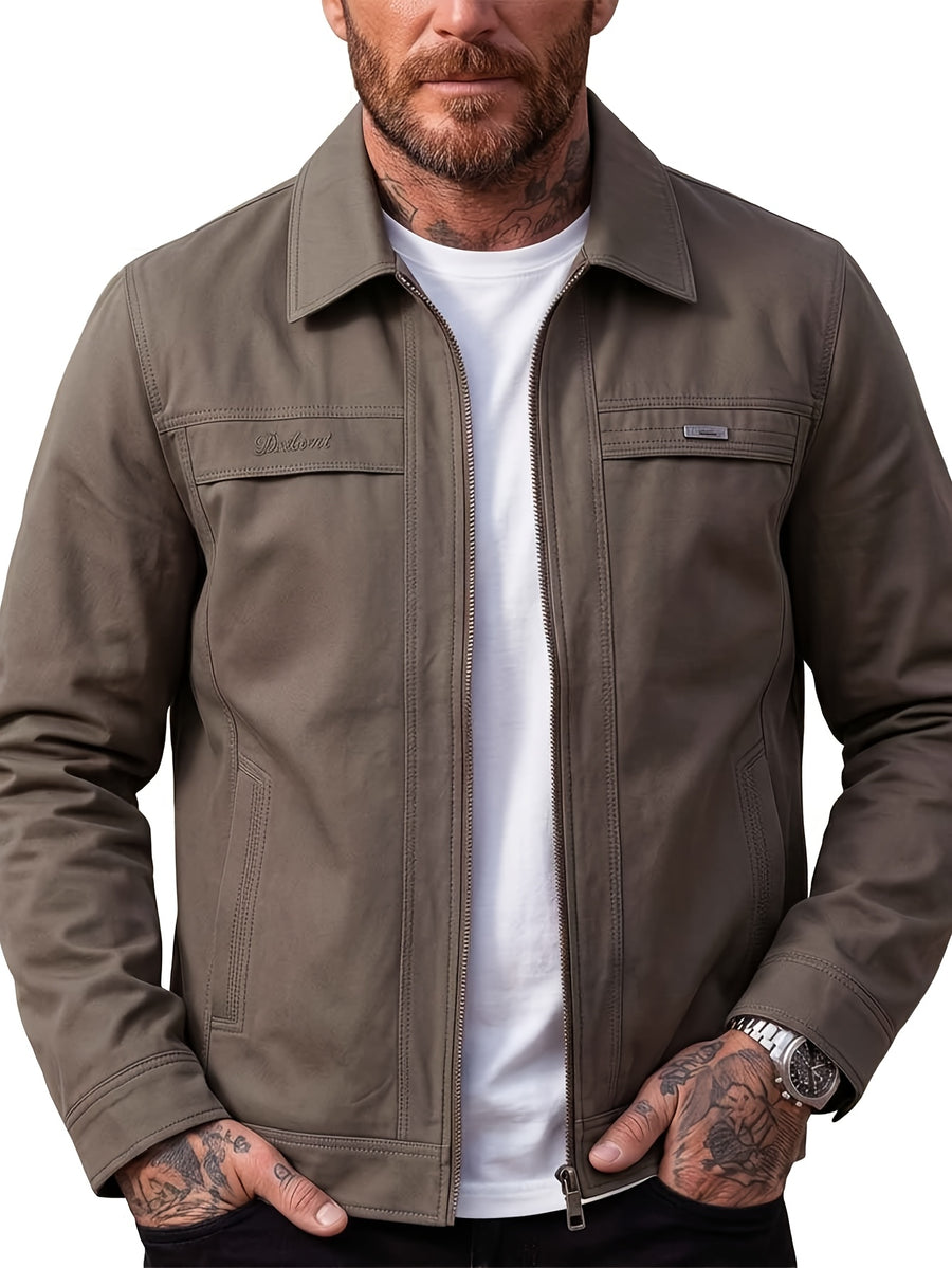 1pc Men'S Lapel Cargo Jacket, Solid Color Zipper Casual Coat, Retro Pocket Outerwear, Suitable for Men'S Daily Commute, Office, Street Style, Outdoor Activities - Dark Khaki 2