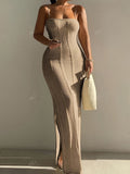 Elegant Sexy Tight Camisole Sweater Hollow Dress - Khaki