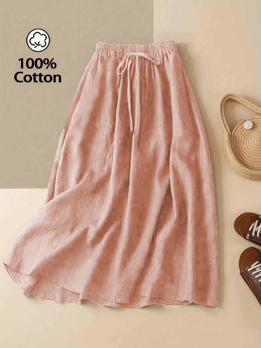 Women'S Solid Color Elegant Style Tie Skirt, Women'S Artistic Style Mid-Length Elastic Waist Skirt, Women'S Casual Solid Color Pure Comfortable Skirt with Invisible Pockets, Suitable for Daily Leisure, Commuting, Beach Vacation Wear - Pink