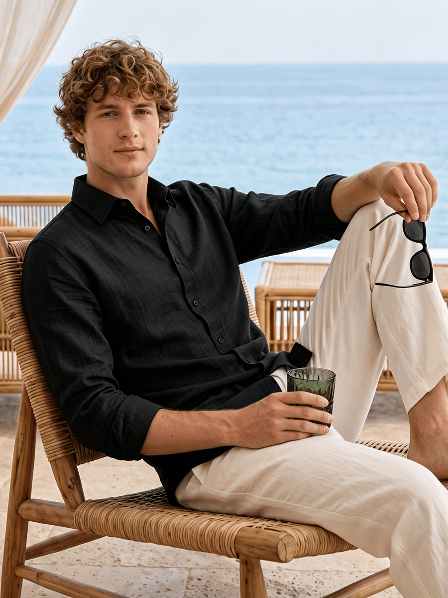 Men'S Anti-Moth Long-Sleeved Square-Neck Shirt, Lightweight And Breathable Solid Color Business-Casual Shirt, Loose-Fitting All-Match Basic Shirt for Spring And Summer Commuting And Vacation. Available in Multiple Colors - Black