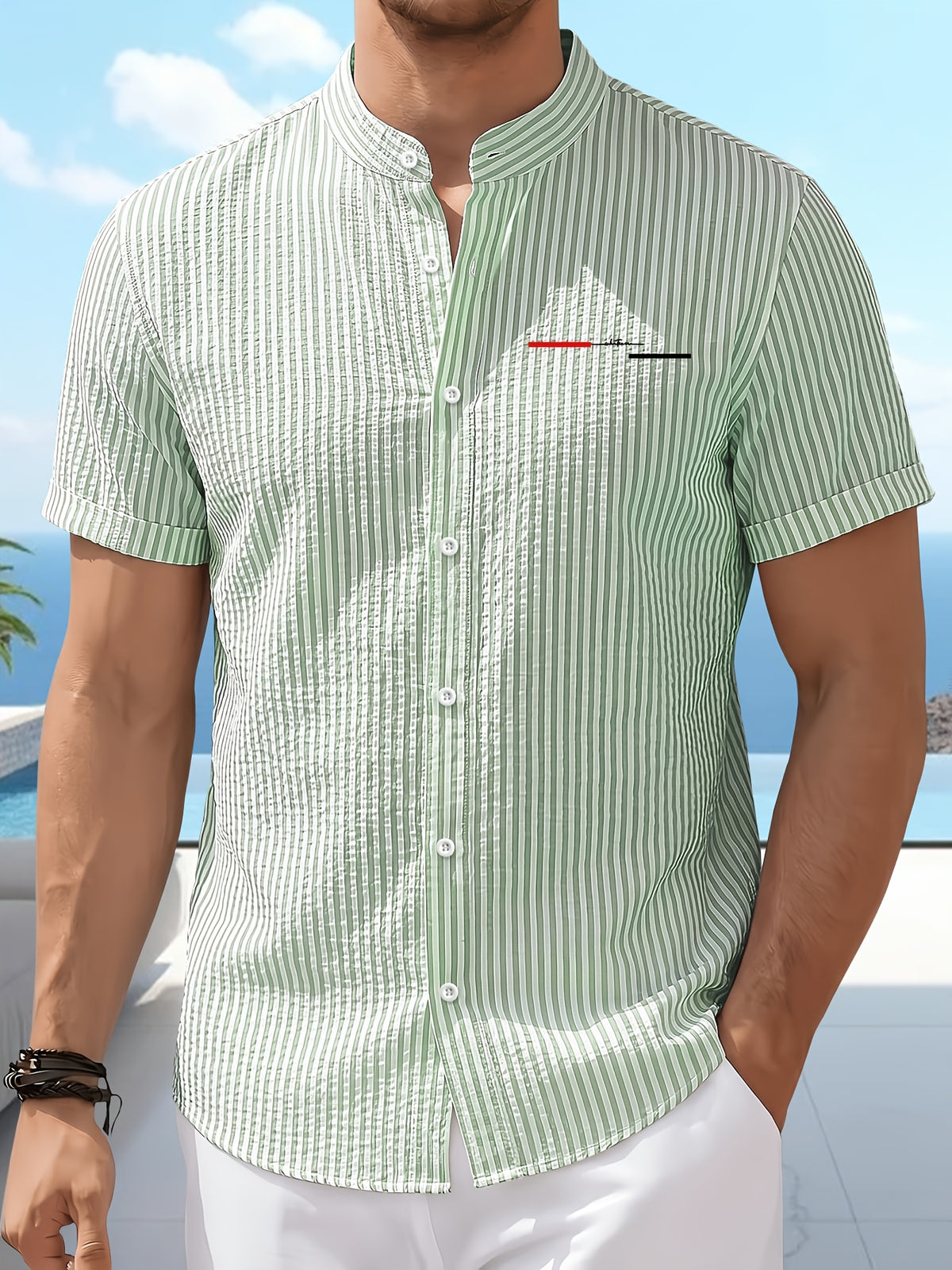 Men's New Style Short-sleeve Shirt with Unique Striped Design and Letter Pattern Print. Made of Lightweight, Breathable Summer Fabric with a Classic Small Stand-up Collar. A Versatile Top for Daily Wear, Commuting, Parties, and Casual Outings. - Light Green