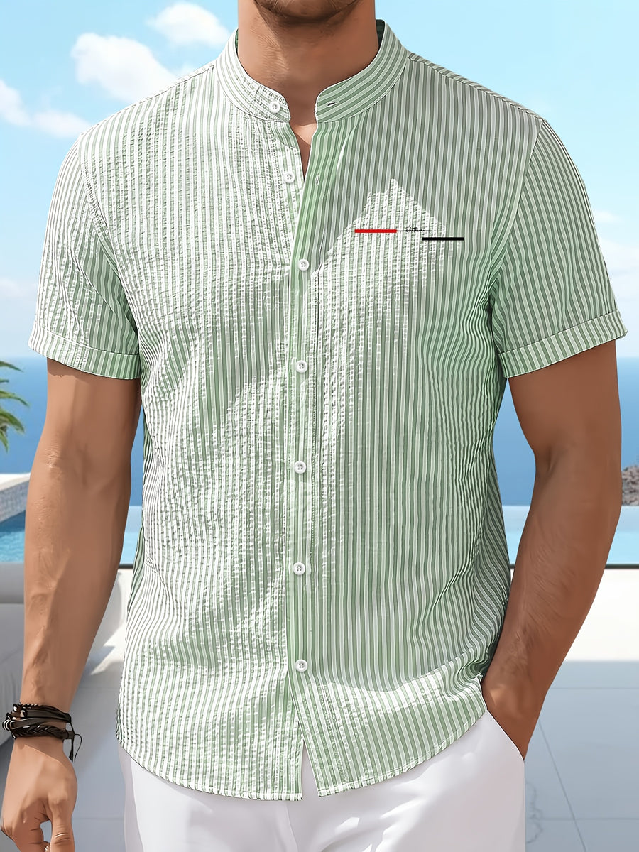 Men's New Style Short-sleeve Shirt with Unique Striped Design and Letter Pattern Print. Made of Lightweight, Breathable Summer Fabric with a Classic Small Stand-up Collar. A Versatile Top for Daily Wear, Commuting, Parties, and Casual Outings. - Light Green