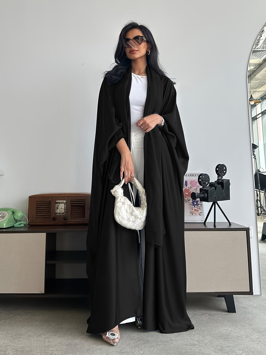 Middle Eastern Muslim Solid Color Loose Robe with Batwing Sleeves, Long Dubai Cardigan with Headscarf - Black