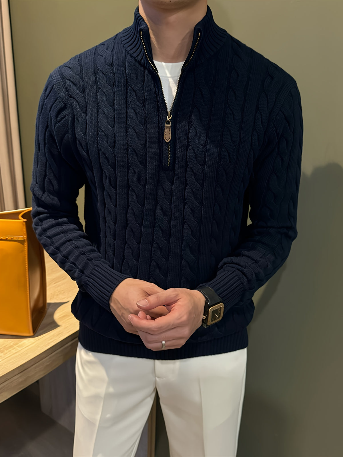 Autumn Winter Korean Style Casual Knit Sweater Half-Zip Stand Collar Lazy Style Pullover Long Sleeve Sweater Men'S - Navy blue color