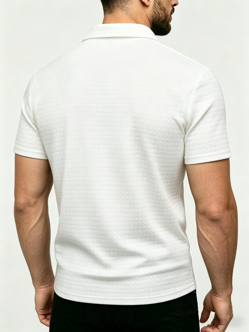 Men's Waffle Knit Half-Zip Polo Shirt, Loose Fit Solid Color Versatile Short Sleeve - White